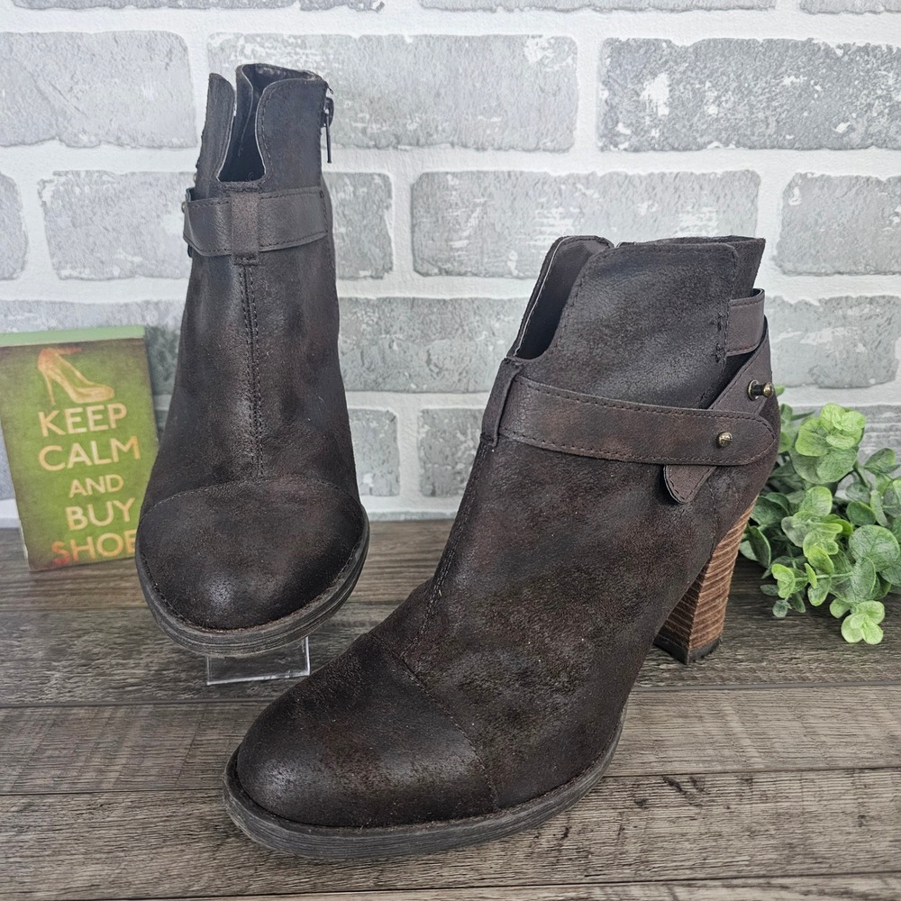 Crown Vintage Brown Distressed Ankle Boots Stacked Heel Boho Western Size 9.5M